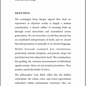 Interior page from Whose Life Are You Living showing Deep Dive section with philosophical references