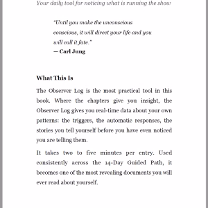 Interior page from Whose Life Are You Living showing The Observer Log self-inquiry tool with Carl Jung quote